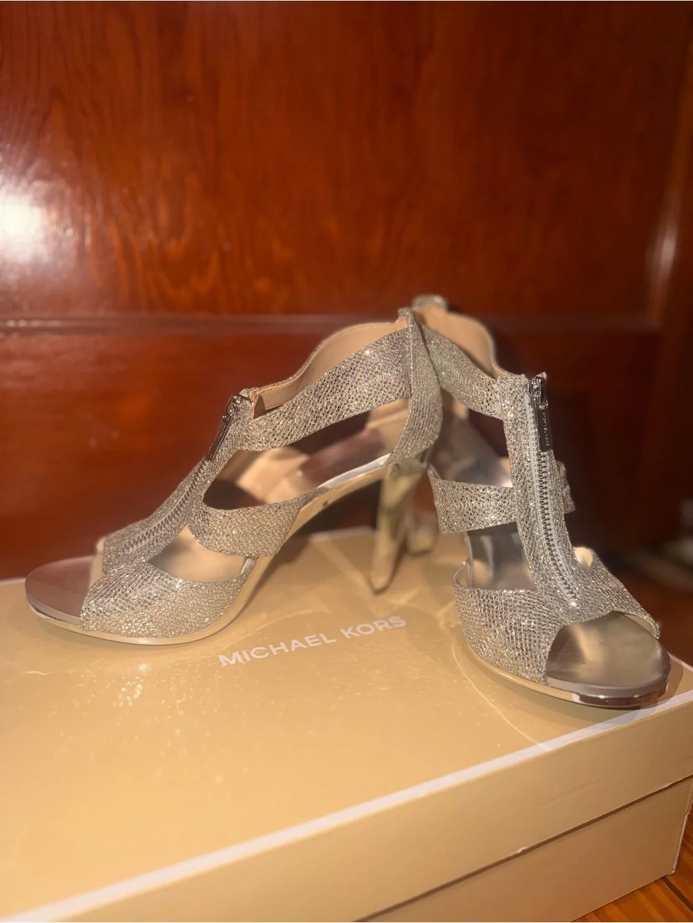 MICHAEL Michael Kors Silver Glitter T-Strap Heeled Sandals